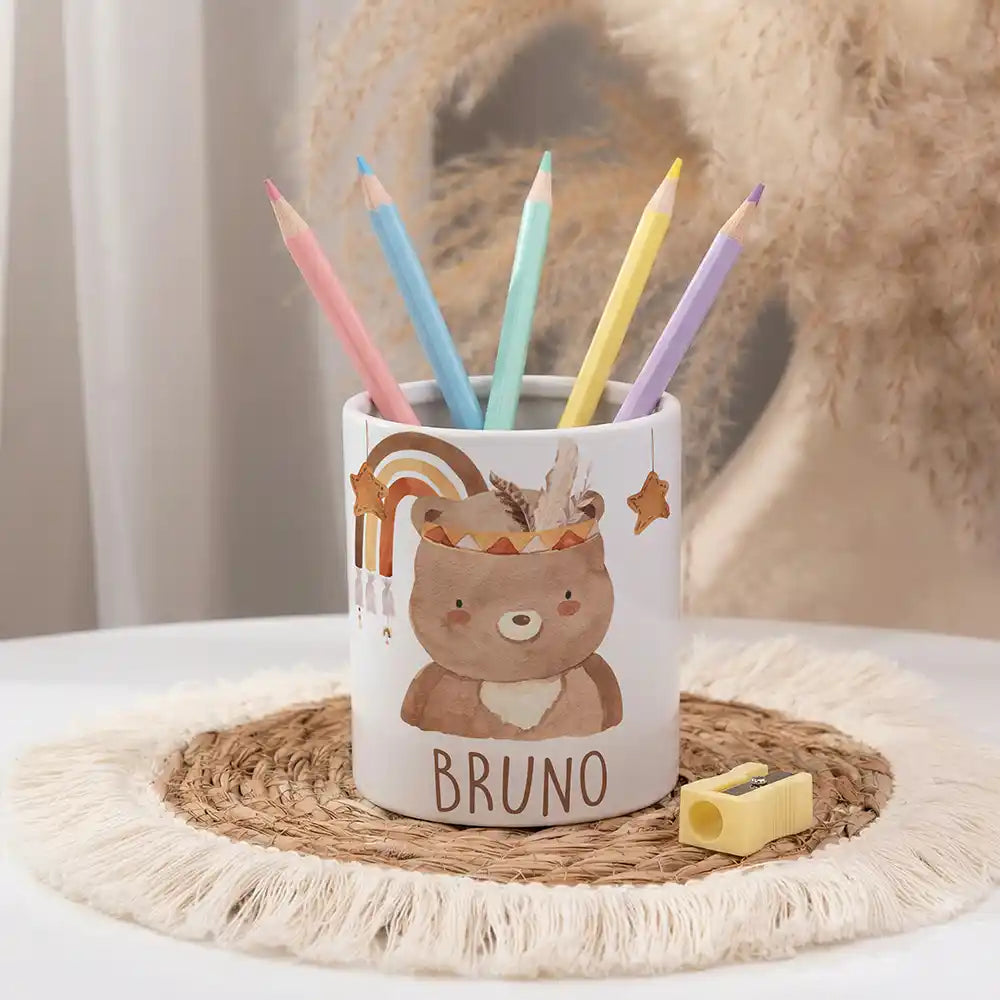 Personalisierter Stiftehalter Boho-Bär - personalisiert mit Wunschname