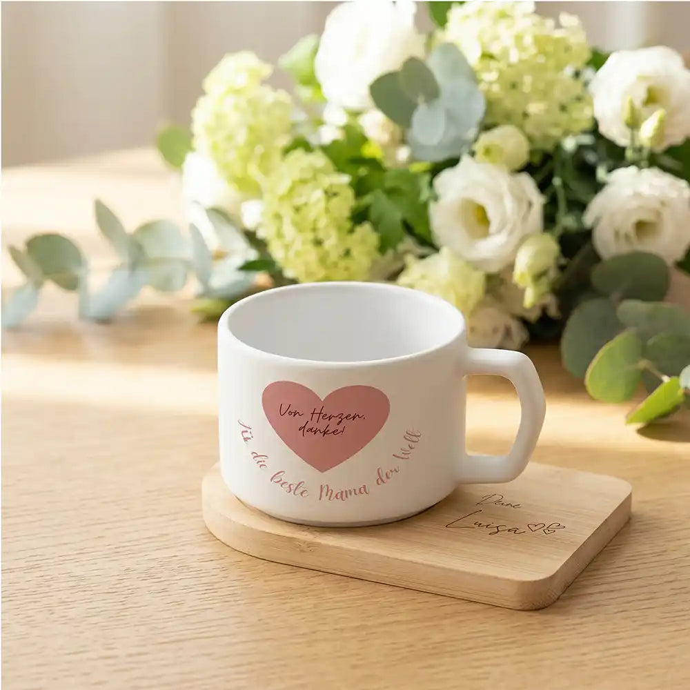 Personalisiertes Geschenk Mama – Keramikbecher Von Herzen danke – Rosa Herz mit Untersetzer