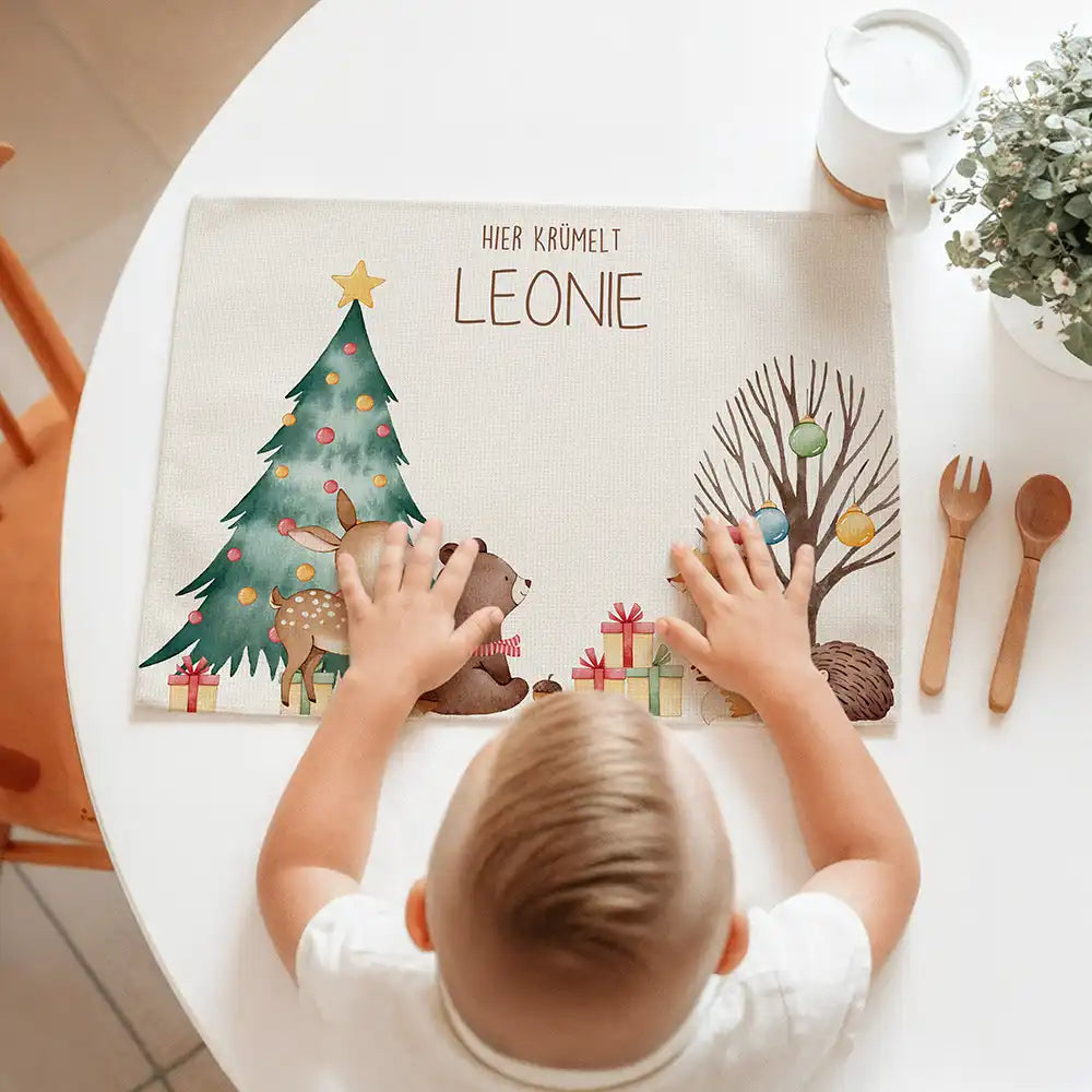 Tischset Kinder personalisiert Weihnachtsmotiv - Bär Weihnachtsbaum