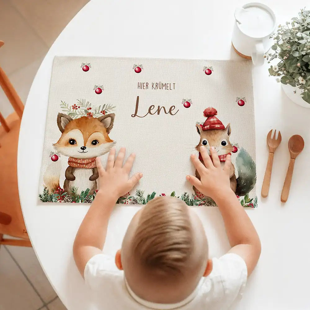 Tischset Kinder personalisiert Weihnachtsmotiv - Tierfreunde im Wald