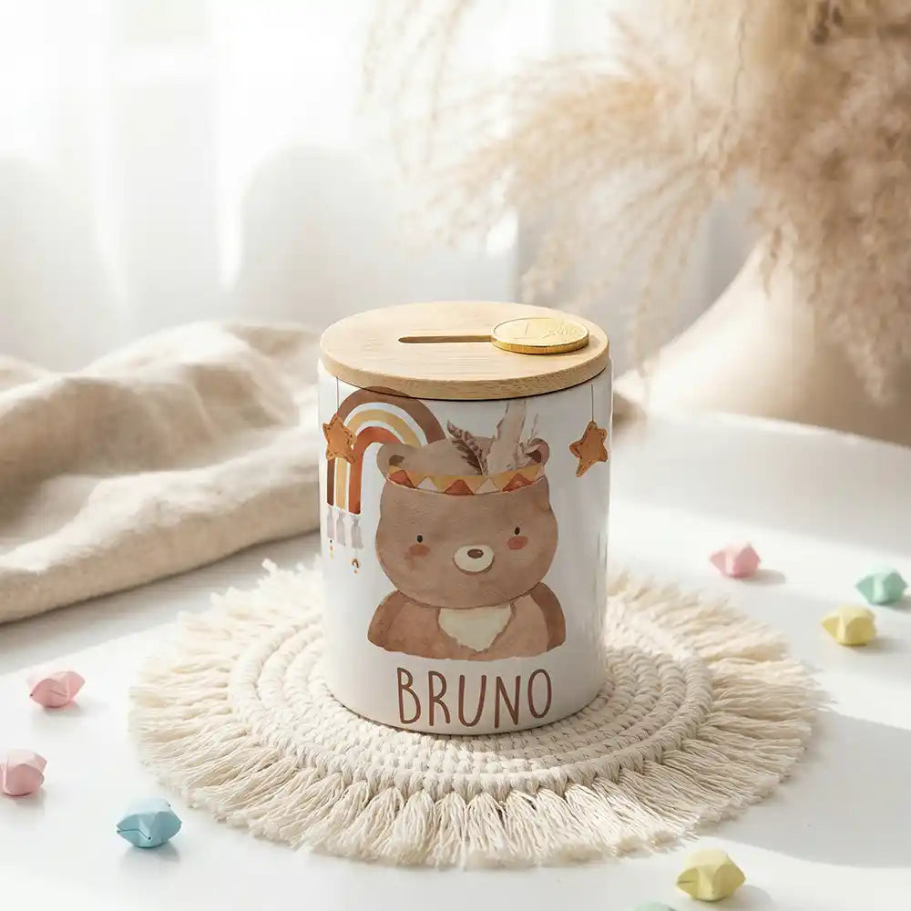 Personalisierte Spardose Boho-Bär – Keramik & Bambus mit Wunschname