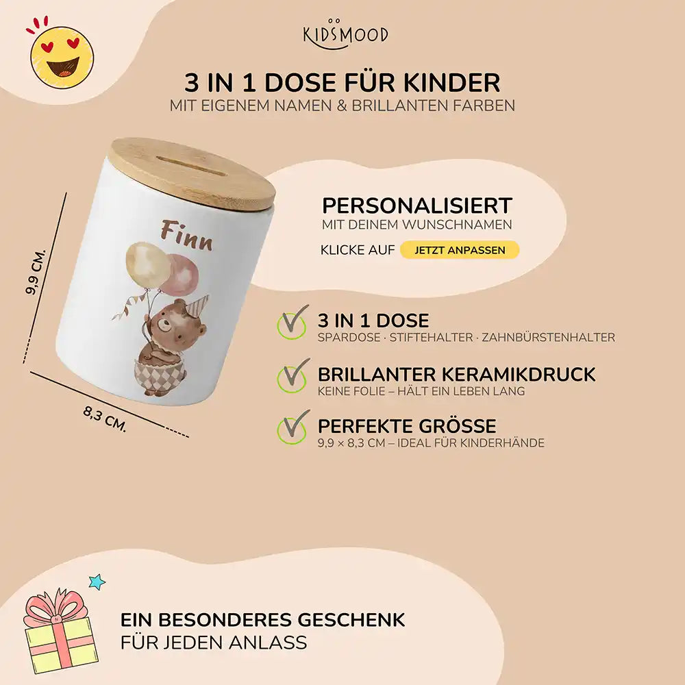 Personalisierte Spardose Bär Geburtstag – Keramik & Bambus mit Wunschname