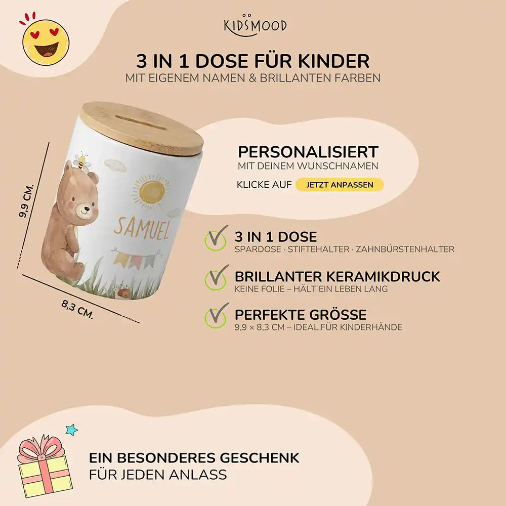 Personalisierte Spardose Bär Sommer – Keramik & Bambus mit Wunschname