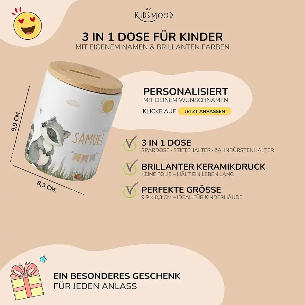 Personalisierte Spardose Waschbär Sommer – Keramik & Bambus mit Wunschname