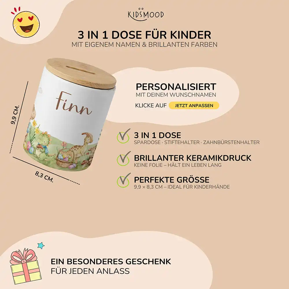 Personalisierte Spardose Dinos Ostern – Keramik & Bambus mit Wunschname