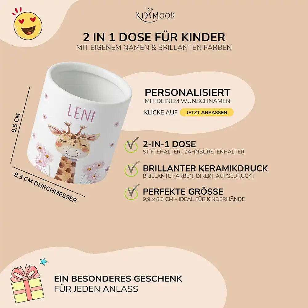 Personalisierter Stiftehalter Giraffe Blumen - liebevolle Geschenkidee fürs Kinderzimmer