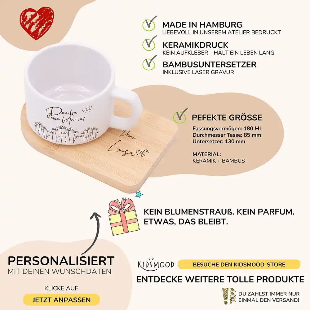 Tasse mit Name Muttertag Danke liebe Mama Blumenwiese – Produktdetails Keramikbecher 180 ml
