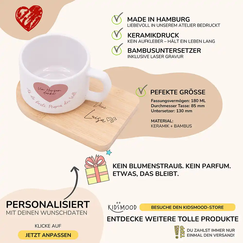 Tasse mit Name Muttertag Von Herzen danke – Rosa Herz – Produktdetails Keramikbecher 180 ml