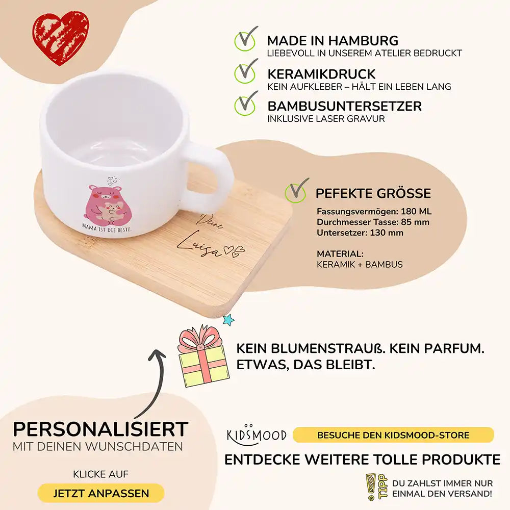 Tasse mit Name Muttertag Bär Mama & Kind – Produktdetails Keramikbecher 180 ml