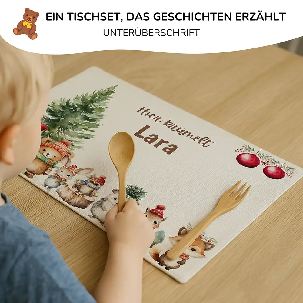 Tischset Kinder personalisiert Weihnachtsmotiv - Tierchen im Zauberwald