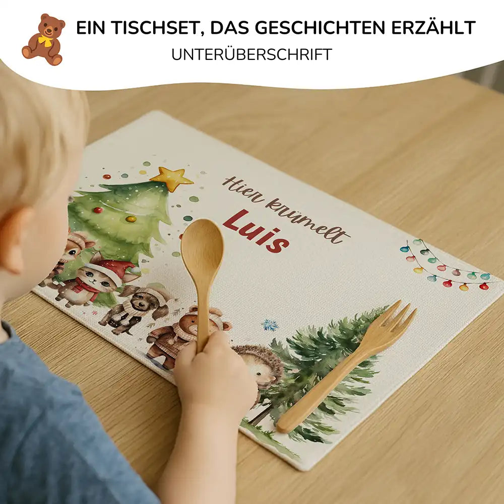 Tischset Kinder personalisiert Weihnachtsmotiv - Freundliche Waldbewohner