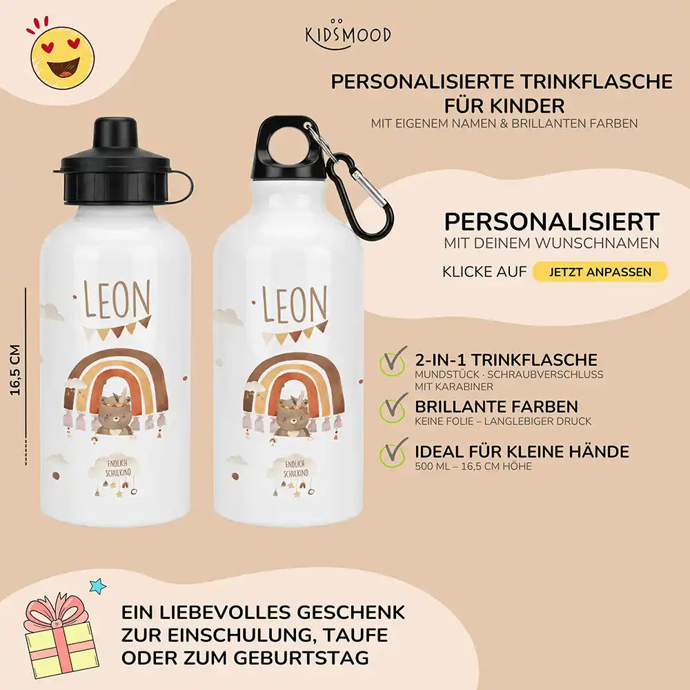 Personalisierte Trinkflasche Kinder Bär Regenbogen Schulkind – Karabiner für Schule & Sport