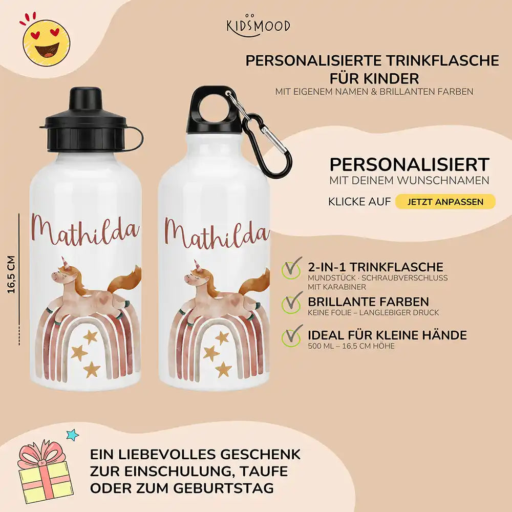 Personalisierte Trinkflasche Kinder Einhorn Boho-Regenbogen – Karabiner für Schule & Sport
