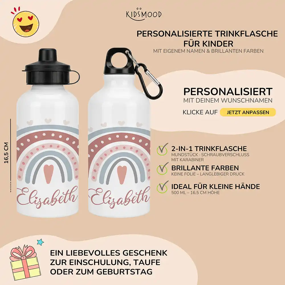 Personalisierte Trinkflasche Kinder Boho-Regenbogen Herzen – Karabiner für Schule & Sport