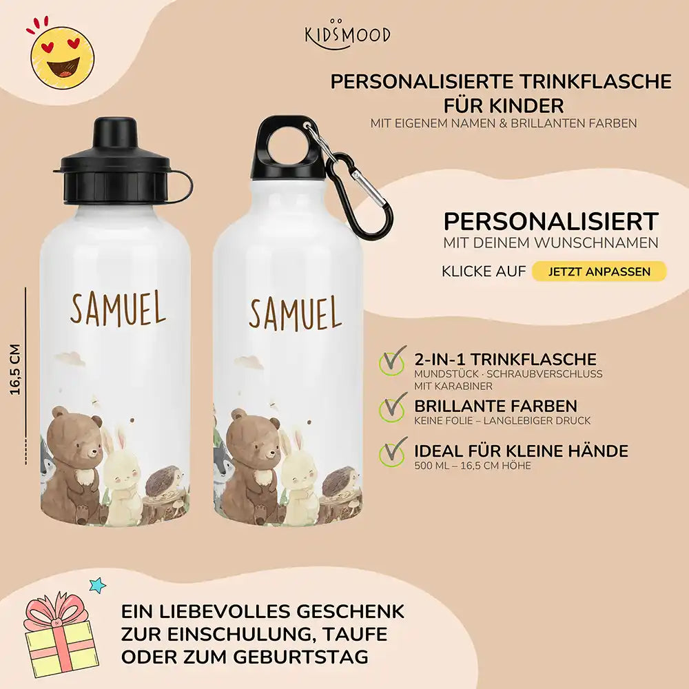Personalisierte Trinkflasche Kinder Waldfreunde – Karabiner für Schule & Sport