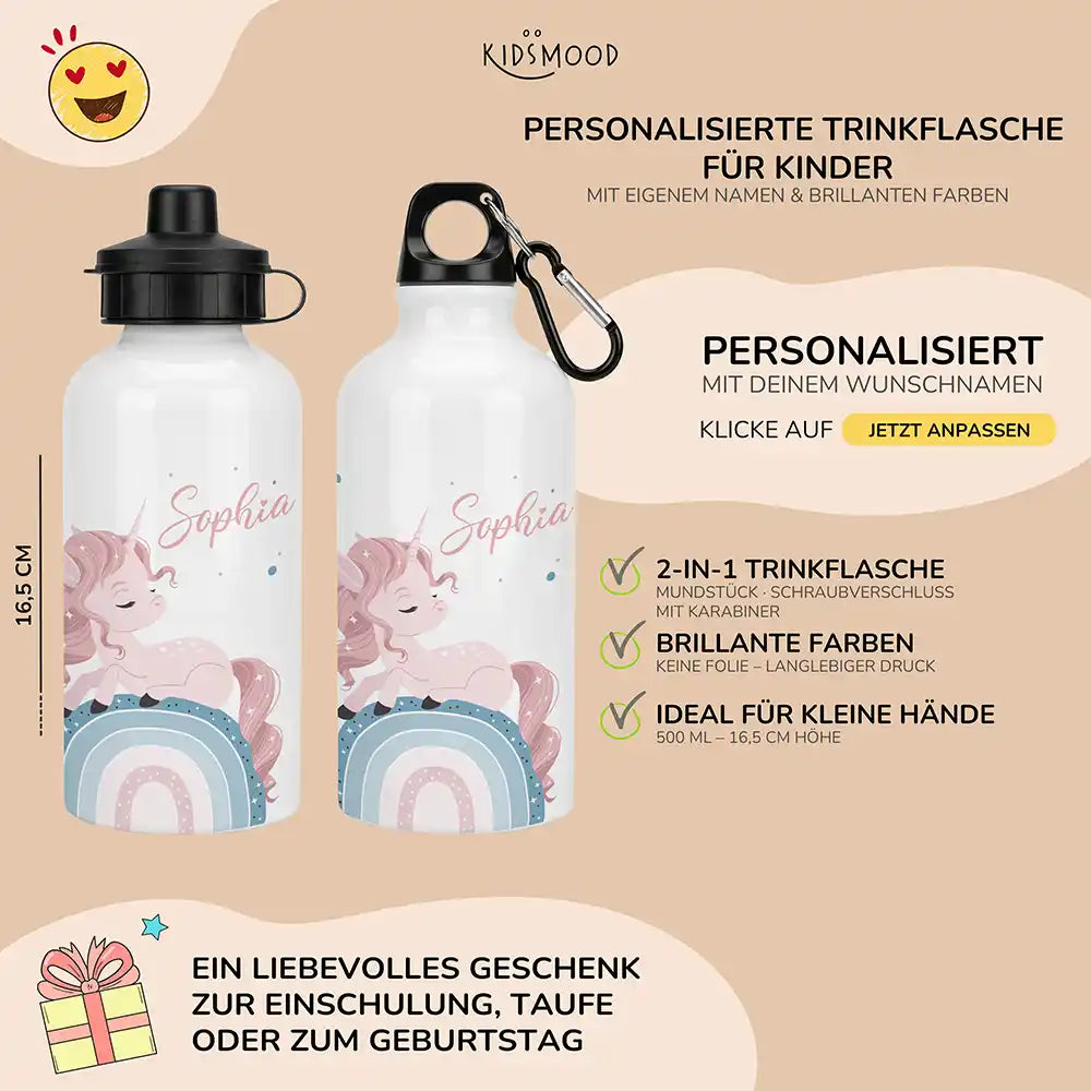 Personalisierte Trinkflasche Kinder Einhorn Rosa Regenbogen – Karabiner für Schule & Sport