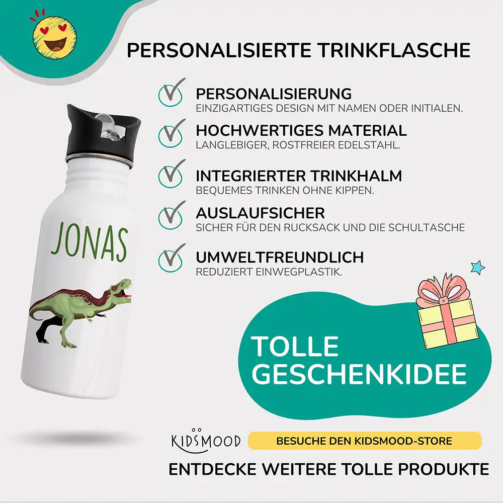 detailansicht der personalisierten trinkflasche mit dinosaurier