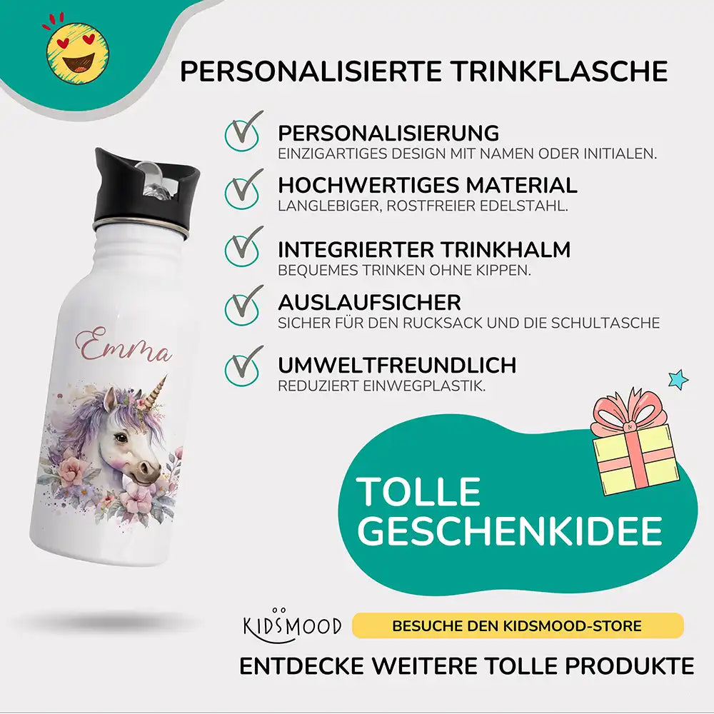 detailansicht der personalisierten trinkflasche mit einhorn und blüten