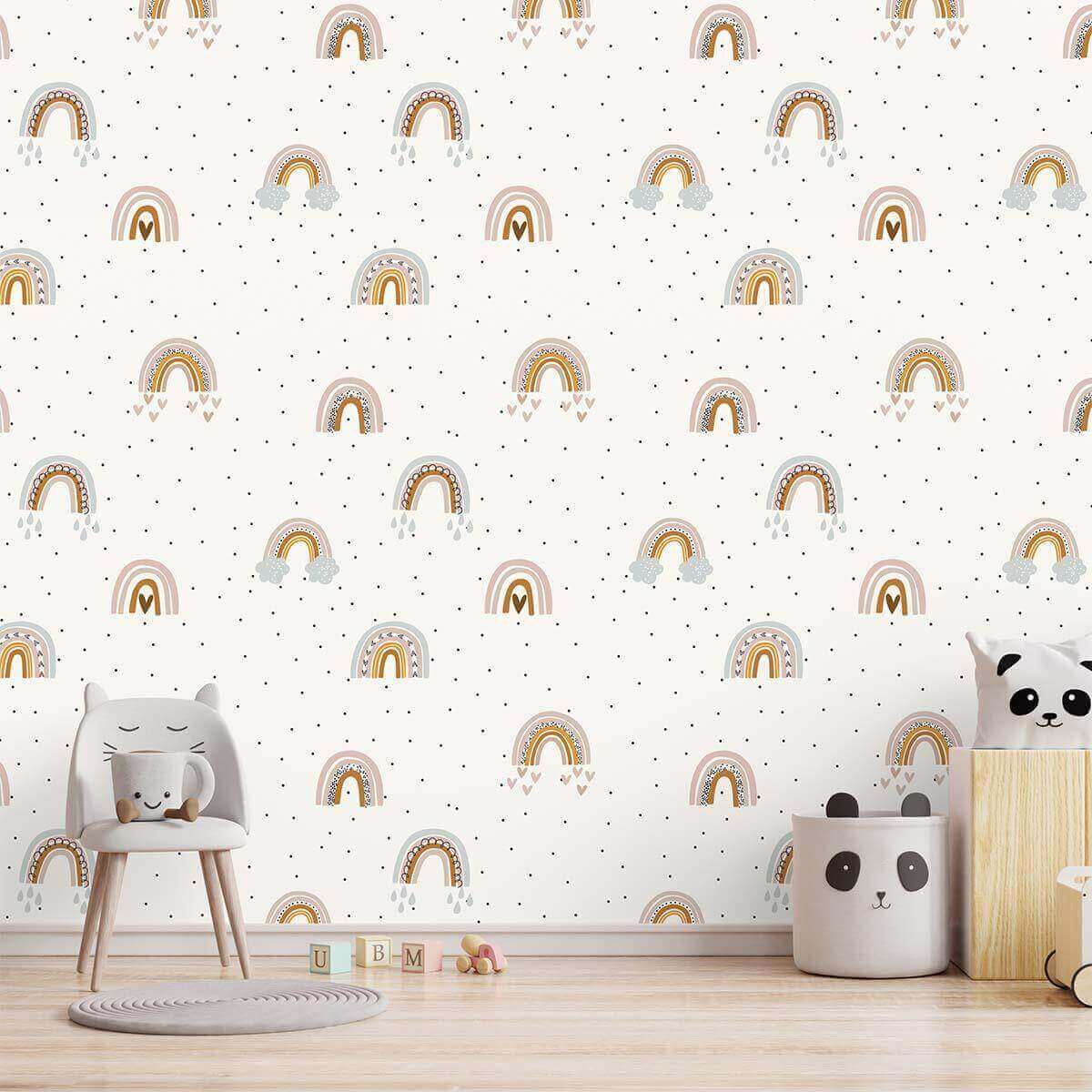 rainbow wall mural with soft pastel colors