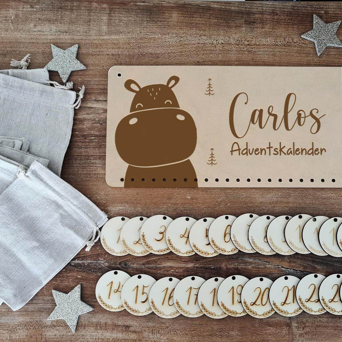 close-up of hippo design on personalized advent calendar