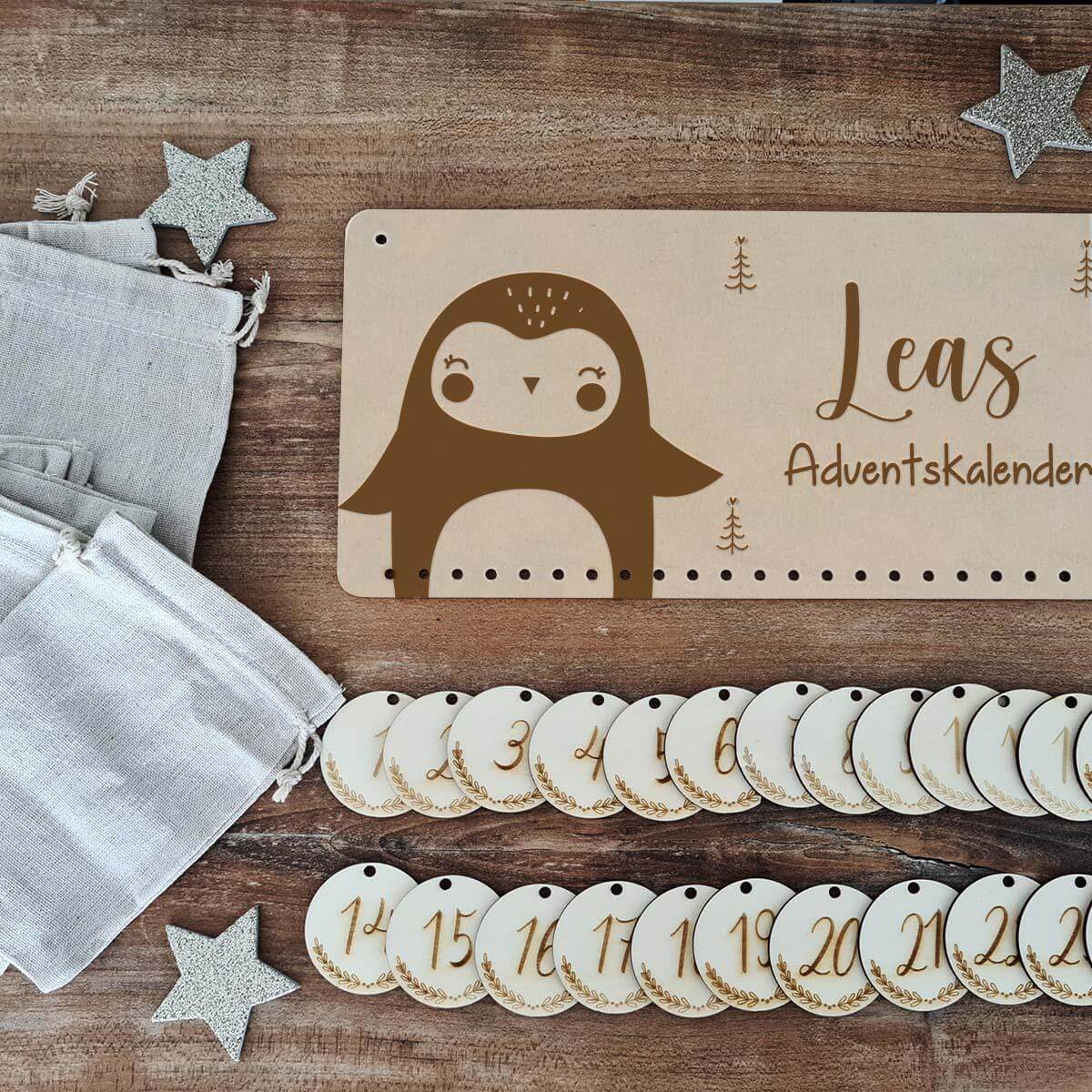 close-up of penguin design on personalized advent calendar