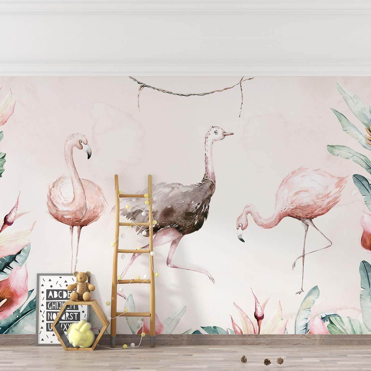 flamingo wall mural with vibrant tropical background