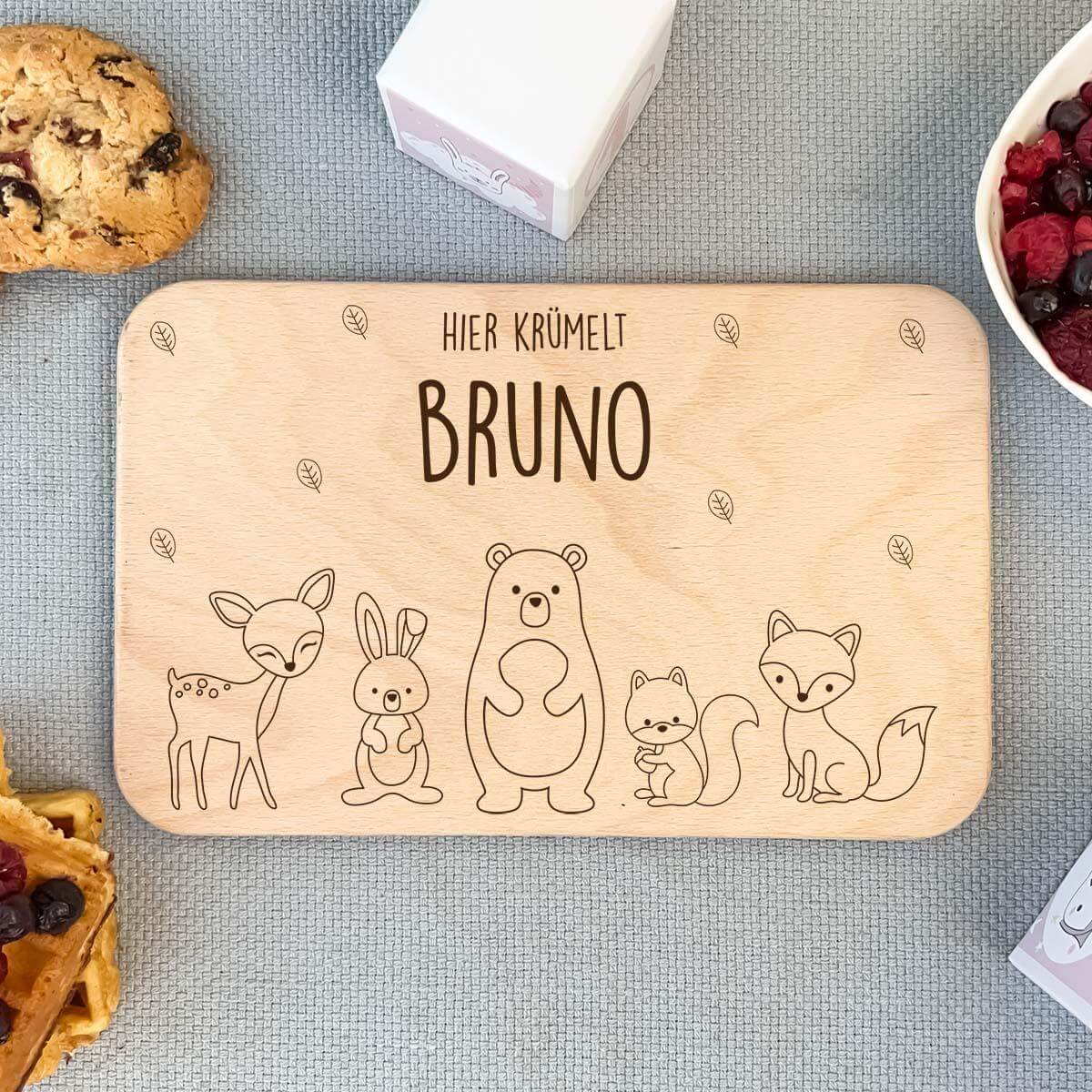 breakfast board with animal family motif and personalized name