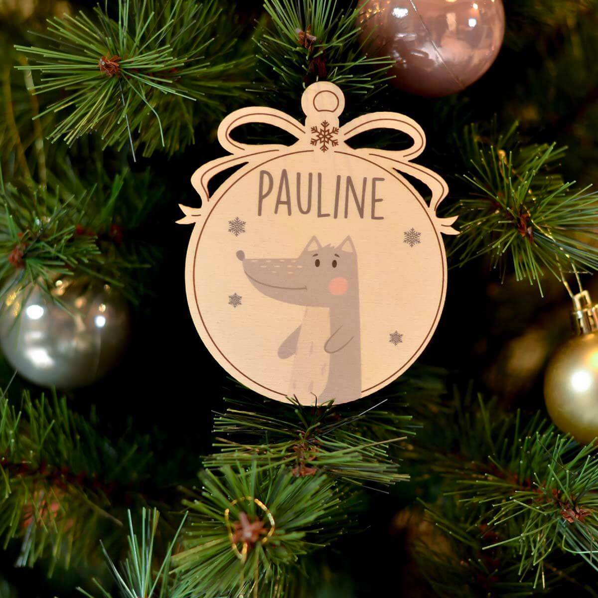 personalized wooden Christmas ornament with wolf design
